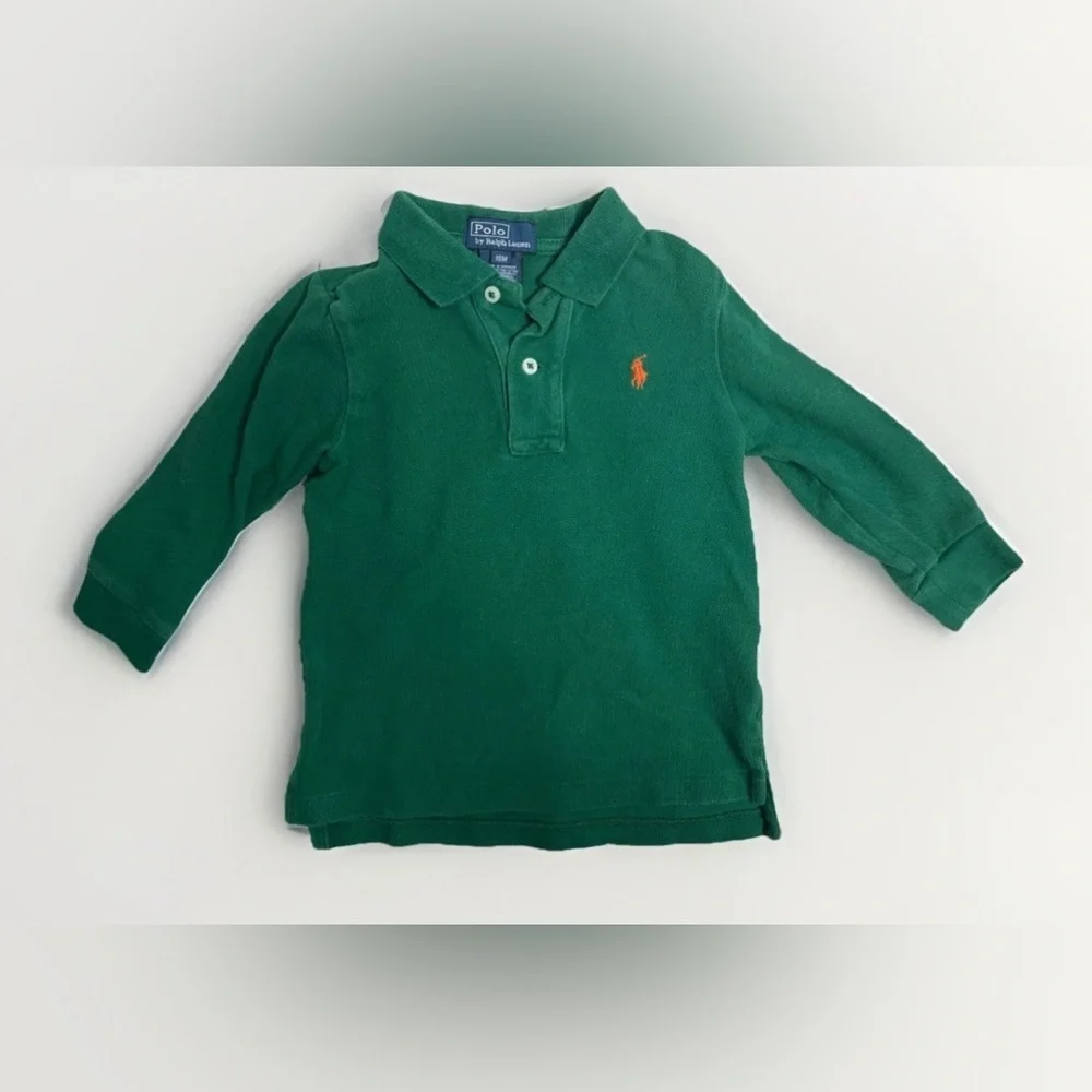 Polo Ralph Lauren Baby Boys Long Sleeve Green Polo Shirt 18M Orange Pony